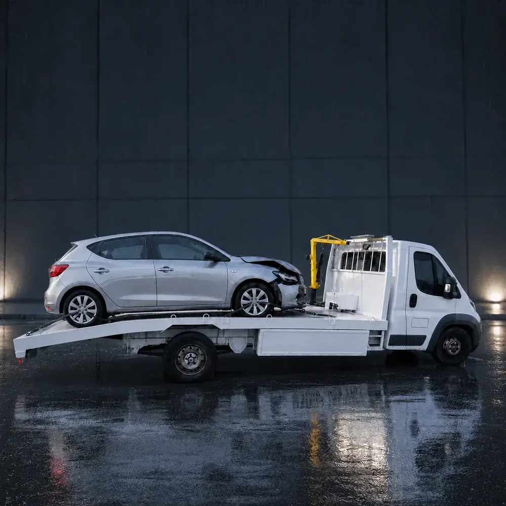 Grúa de plataforma de ASVR cargando un auto de noche en una calle de Santiago