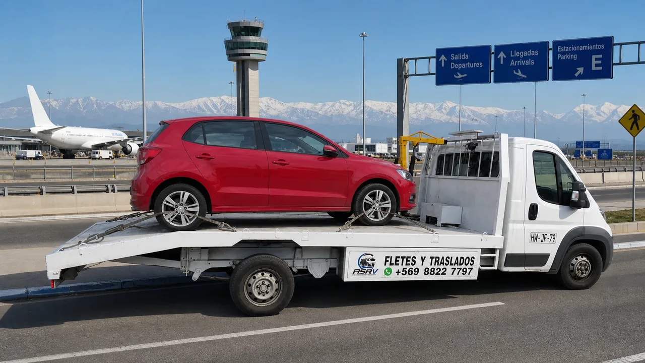 Grúa de plataforma de ASVR en la vialidad del Aeropuerto Arturo Merino Benítez de Santiago, con la cordillera al fondo