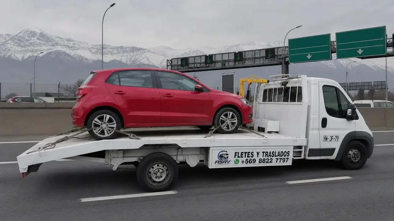 Grúa de plataforma de ASVR trasladando un auto por una autopista urbana de Santiago