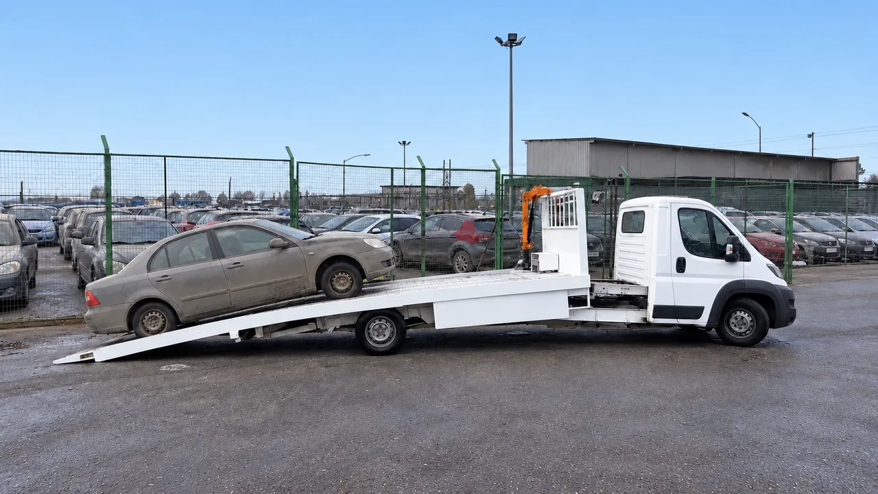 Grúa de plataforma de ASVR cargando un auto recién liberado de un corral municipal en Santiago