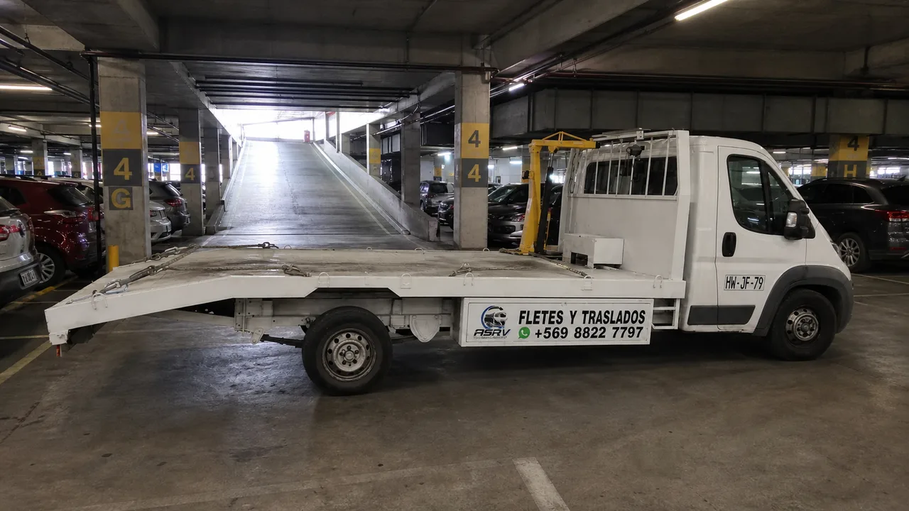 Grúa de plataforma de ASVR dentro de un estacionamiento cubierto de aeropuerto en Santiago