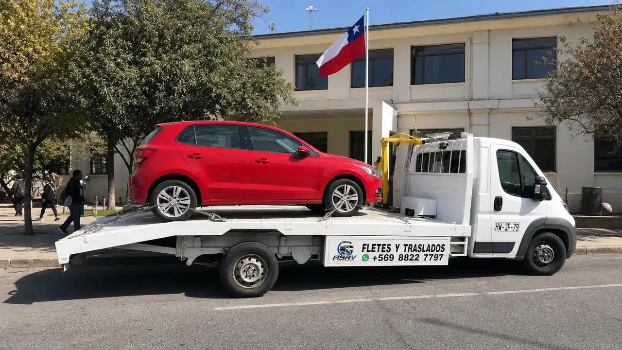 Grúa de plataforma de ASVR estacionada frente a un edificio municipal en Santiago