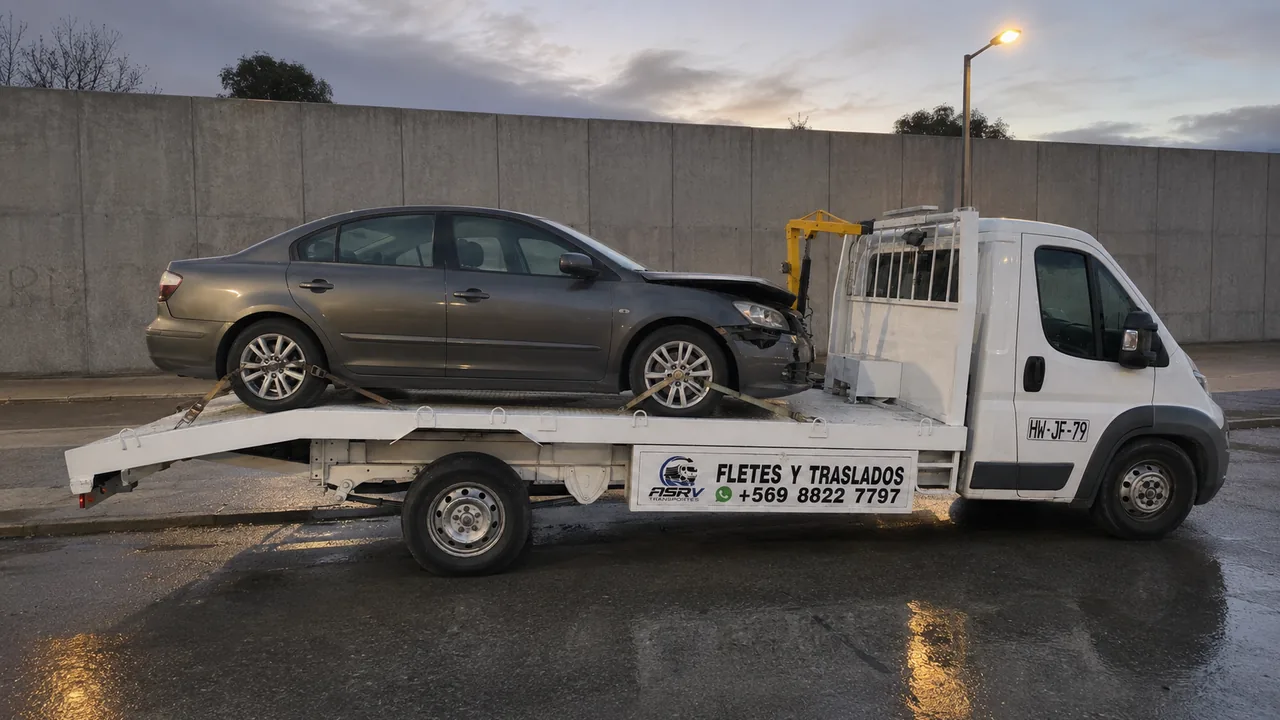 Grúa de plataforma con pluma para autos que no ruedan en Santiago