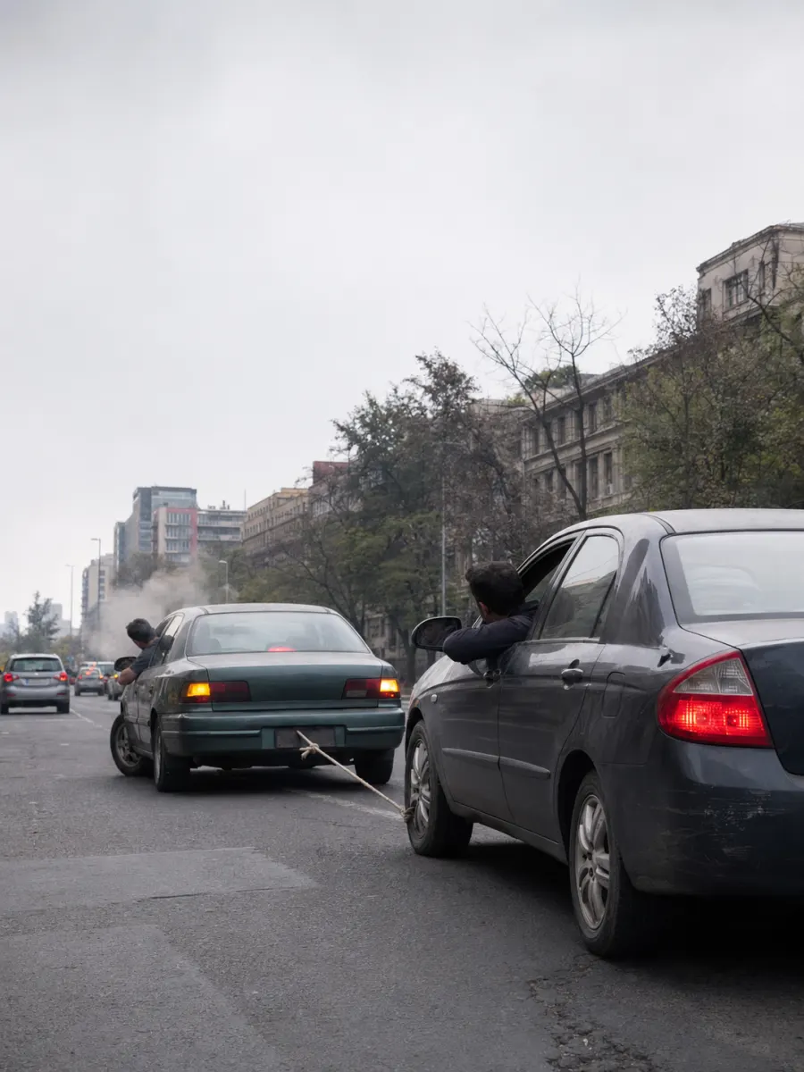 Auto remolcado con una cuerda por otro auto en plena avenida de Santiago